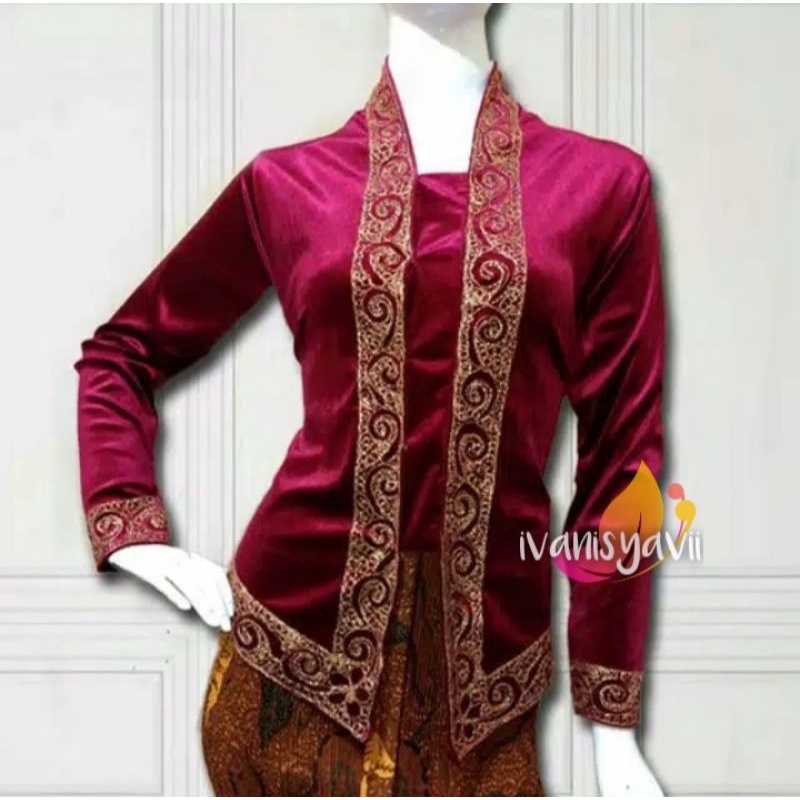 Kebaya Kutubaru Bordir Cantik / Bahan Bludru - Warna Maroon