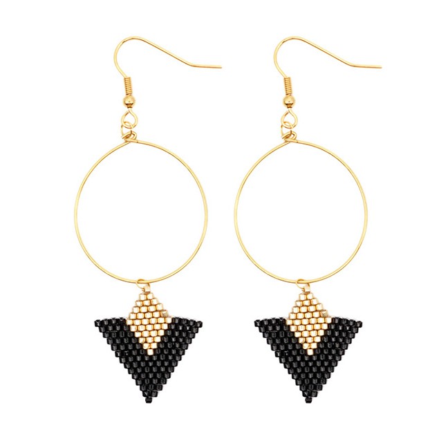 LRC Anting Gantung Fashion Gold Geometric Round Rice Beads Earrings F64116