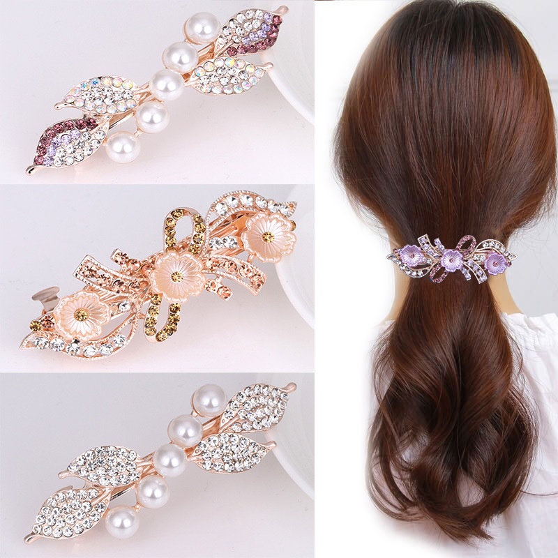 Korean Pearl Rhinestone Bow Hairpin Simple Ladies Headdress Spring Horizontal Clip Ponytail Hair Ornament Sweet Heart Jewelry