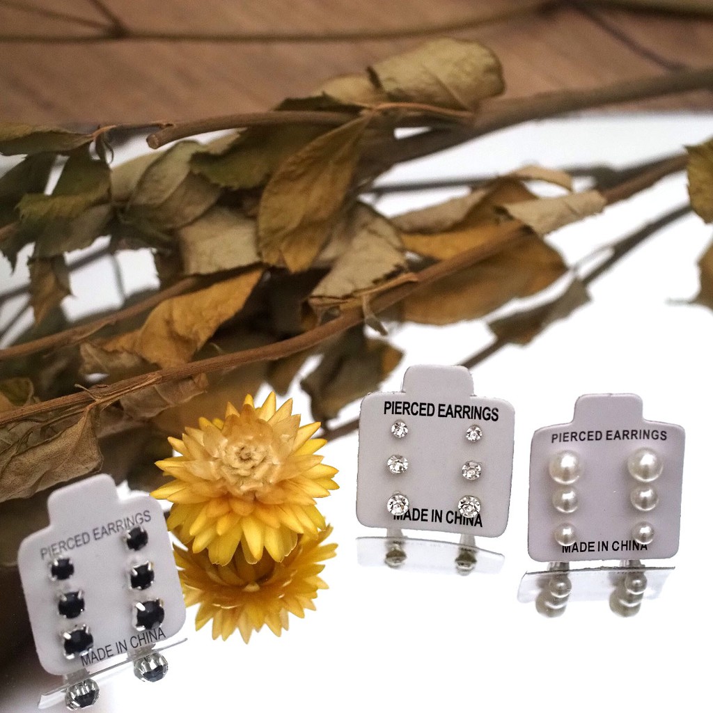 Anting Tusuk Permata Mutiara Set 3 Psg / Giwang Berlian Imitasi/ Pierced Earrings Murah Grosir