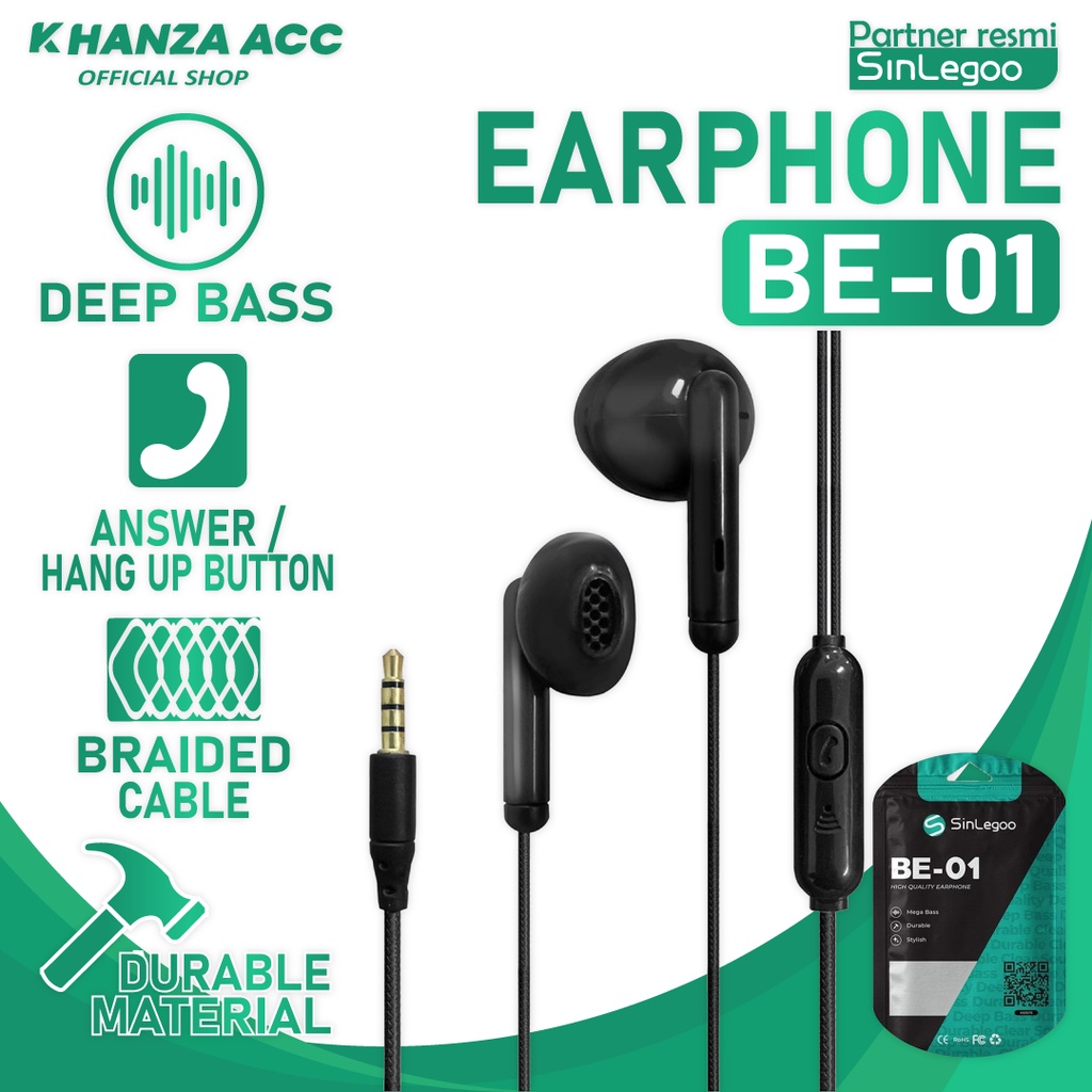 KHANZAACC SINLEGOO BE-01 Earphone Braided In Ear Bass Sound Mic Control Headset Murah