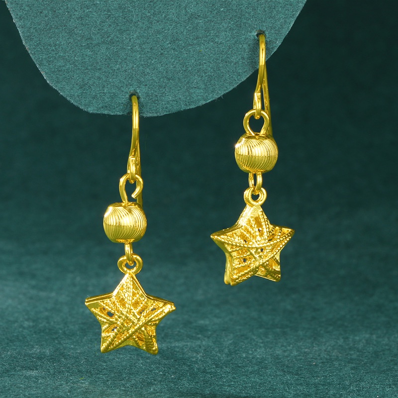 Anting Emas Emas Asli Kadar 375 Hias Liontin Bintang Daun Semanggi Prismatik Model Rongga Untuk Wanita