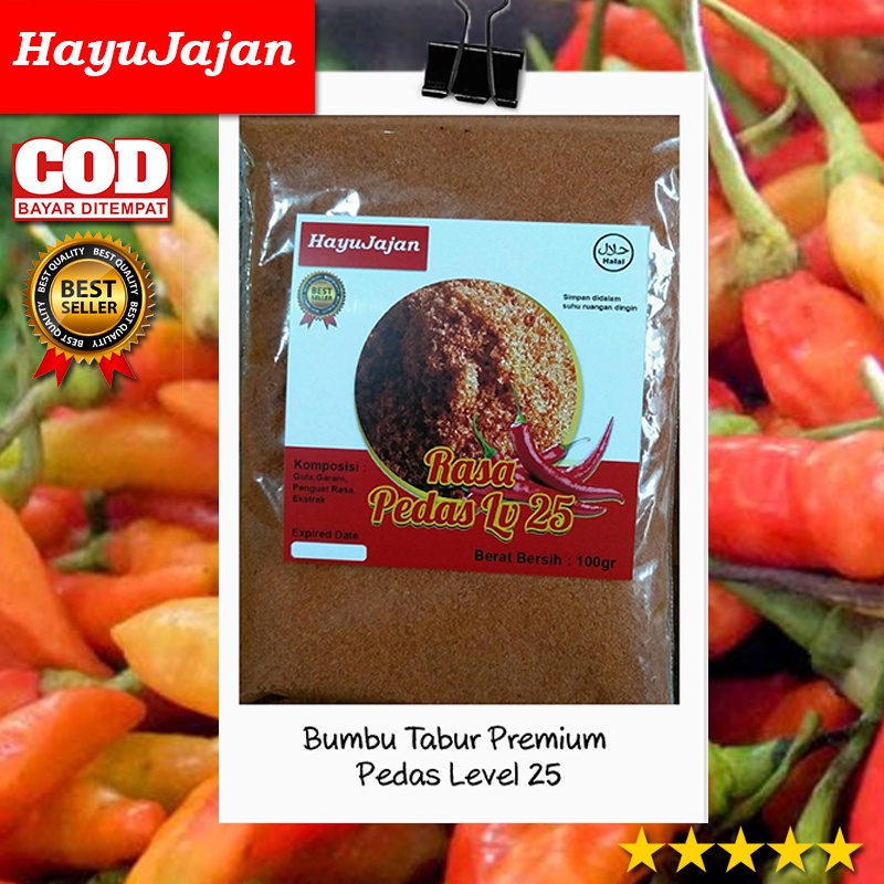 

BUMBU TABUR PREMIUM RASA PEDAS LEVEL 25 / BUMBU KERIPIK, JAMUR CRISPY, TAHU WALIK, CIMOL, TELUR GULUNG, POP CORN, BAKSO, / KEMASAN 100 gr /