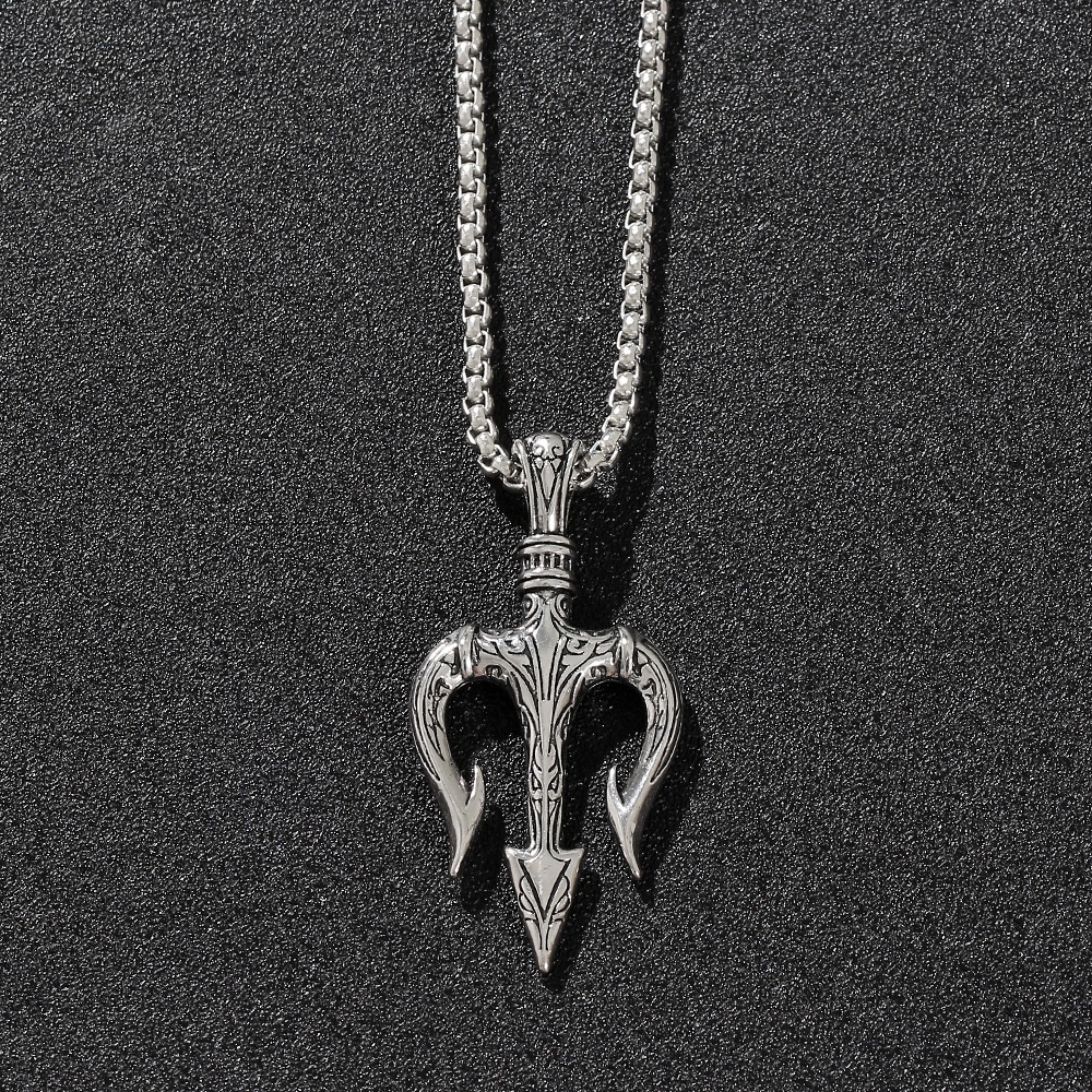 Kalung Rantai Panjang Liontin Trident Bahan Metal Gaya Hip Hop Eropa Amerika