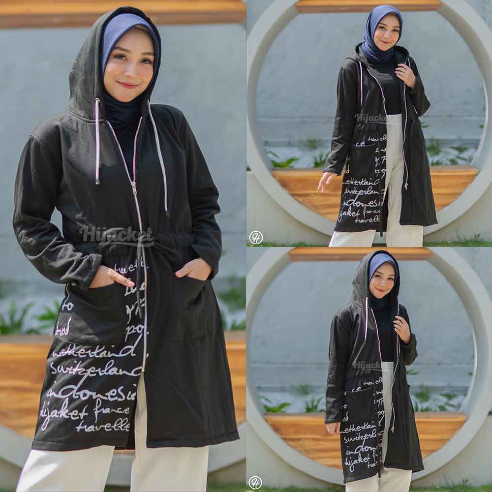 Jaket Jacket Panjang Wanita Cewek Hoodie Muslimah Hijaber Remaja Dewasa Terbaru Kekinian Hijacket UB-Hitam