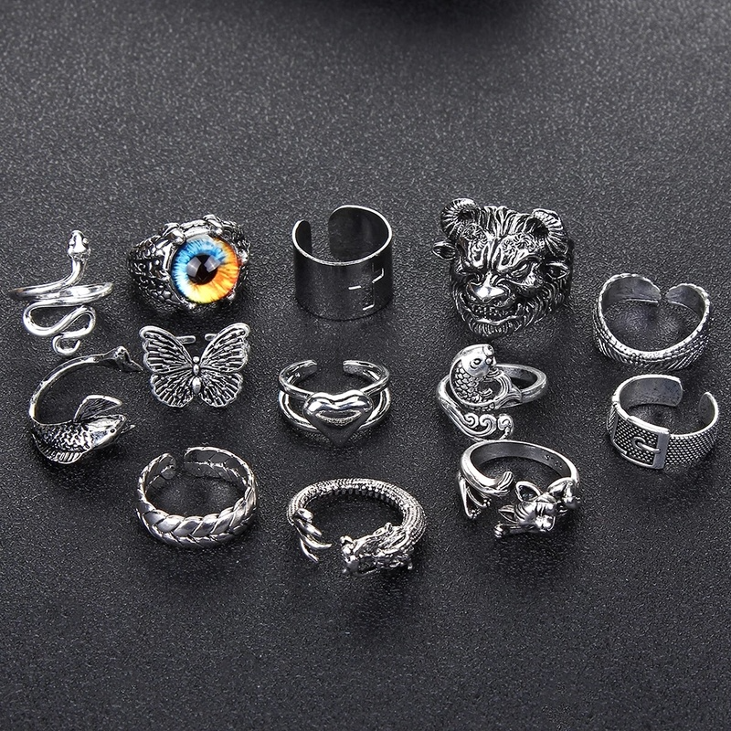 Cincin Model Kepala Serigala Tengkorak Burung Hantu Bintang Laut Bahan Alloy Gaya Punk Vintage Untuk Unisex