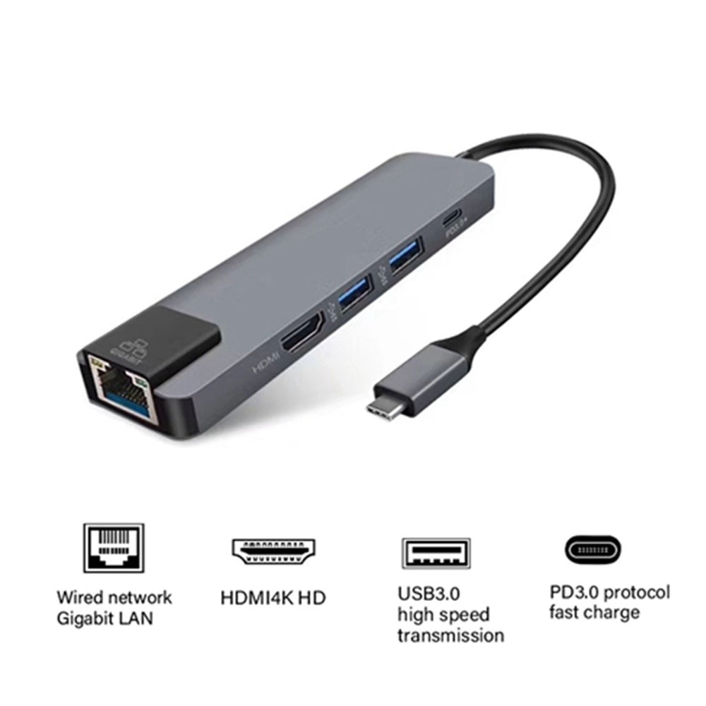 USB Type C Hub 5 in 1 LAN Adapter HDMI with Pass-through Charging - YC-206 - Gray