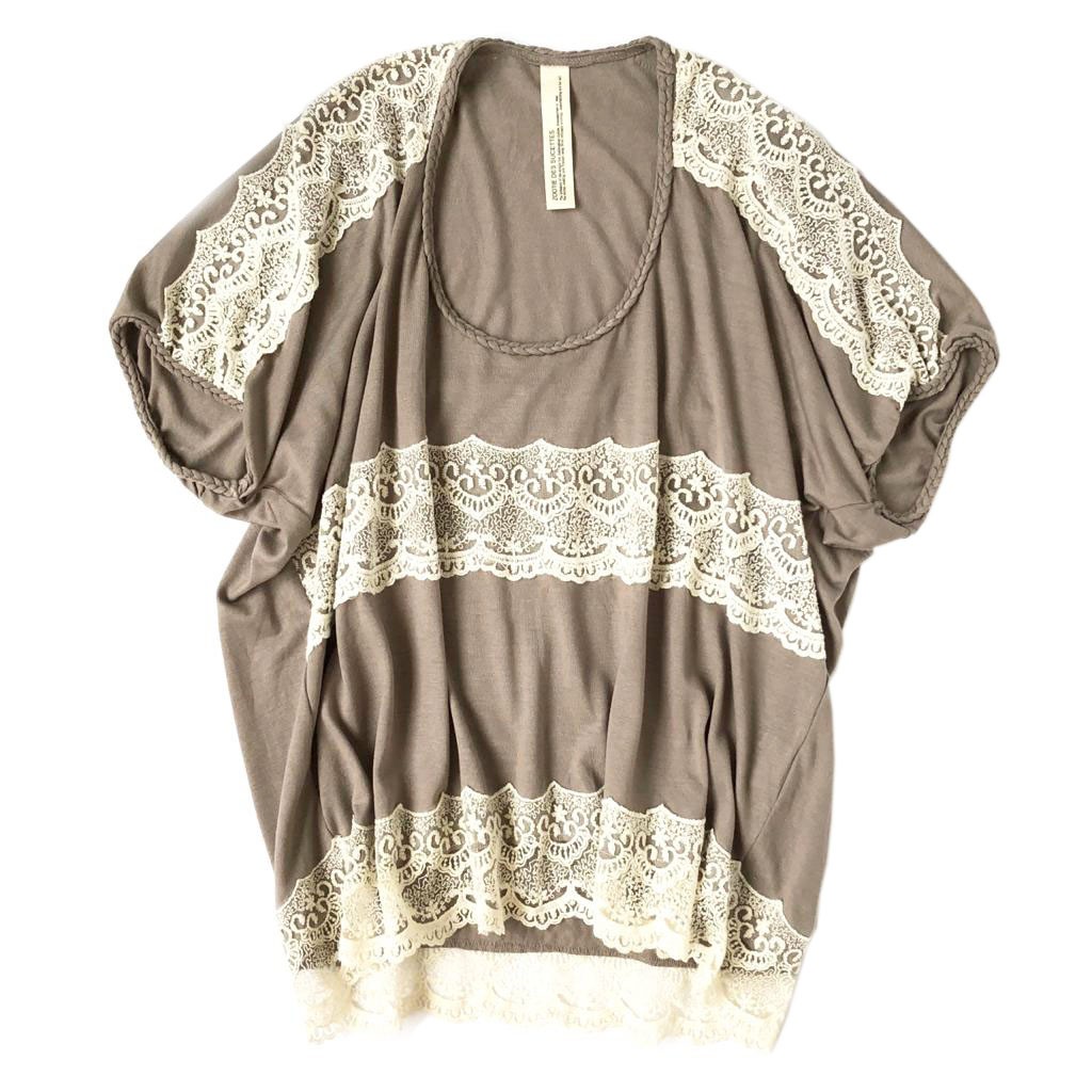 BLUS KAOS COKLAT ABU LACE RENDA BROKAT BATWING JEPANG IMPORT