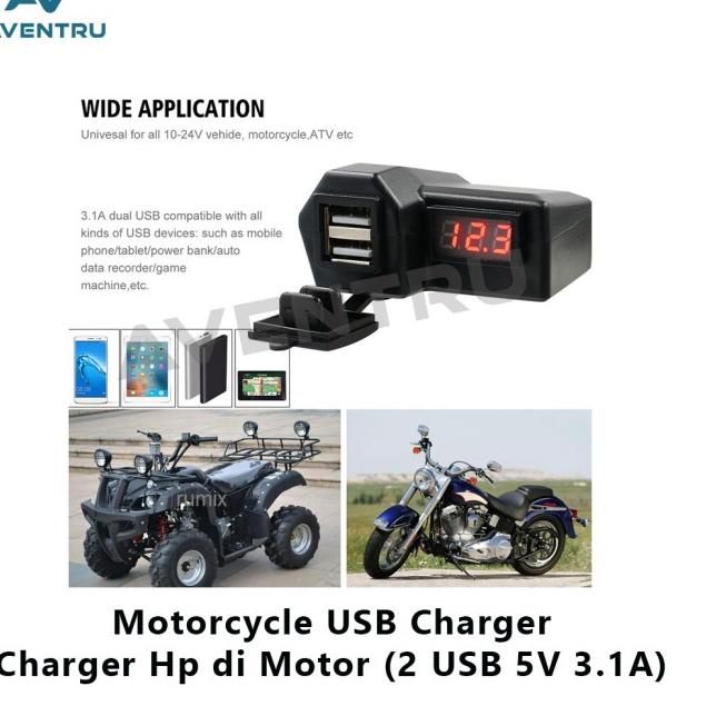 ▼ Motorcycle Digital Voltmeter Phone Charger Motor Cas HP Motor 2 USB - No Display ❈