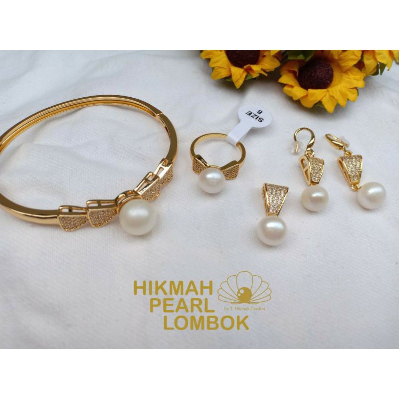 satu set perhiasan rhodium mutiara air laut asli lombok