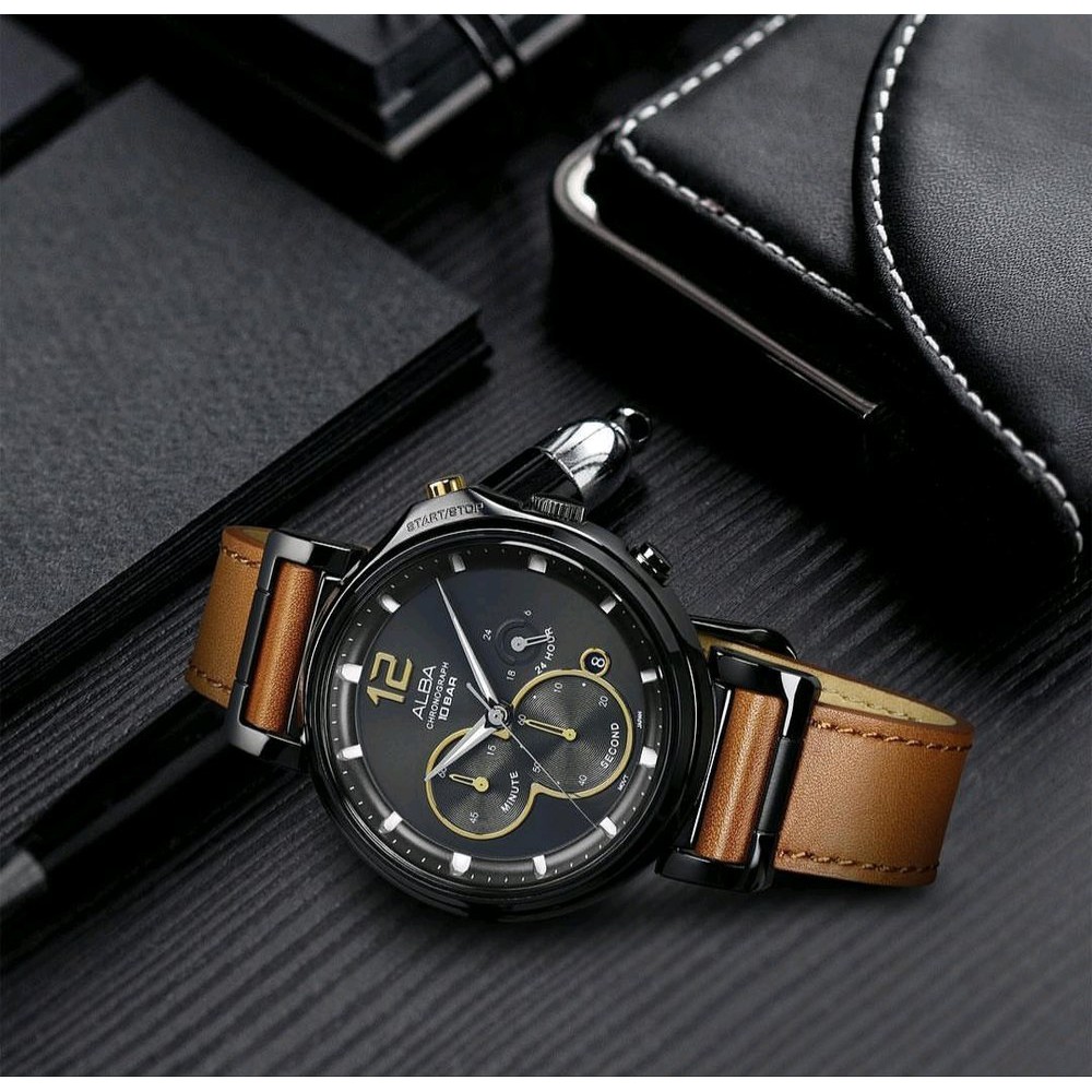 Alba AT3D69X1 Jam Tangan Pria Original Leather Coklat Chronograph 43mm AT3D69