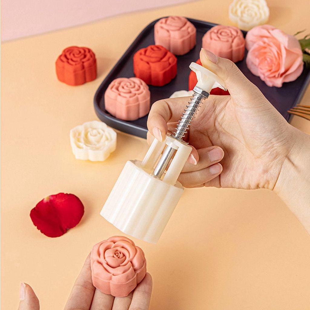 [Elegan] Cetakan Mooncake Mawar 1set Pembuatan Kue Kering Kreatif Pola Bunga Manual Mooncake Press