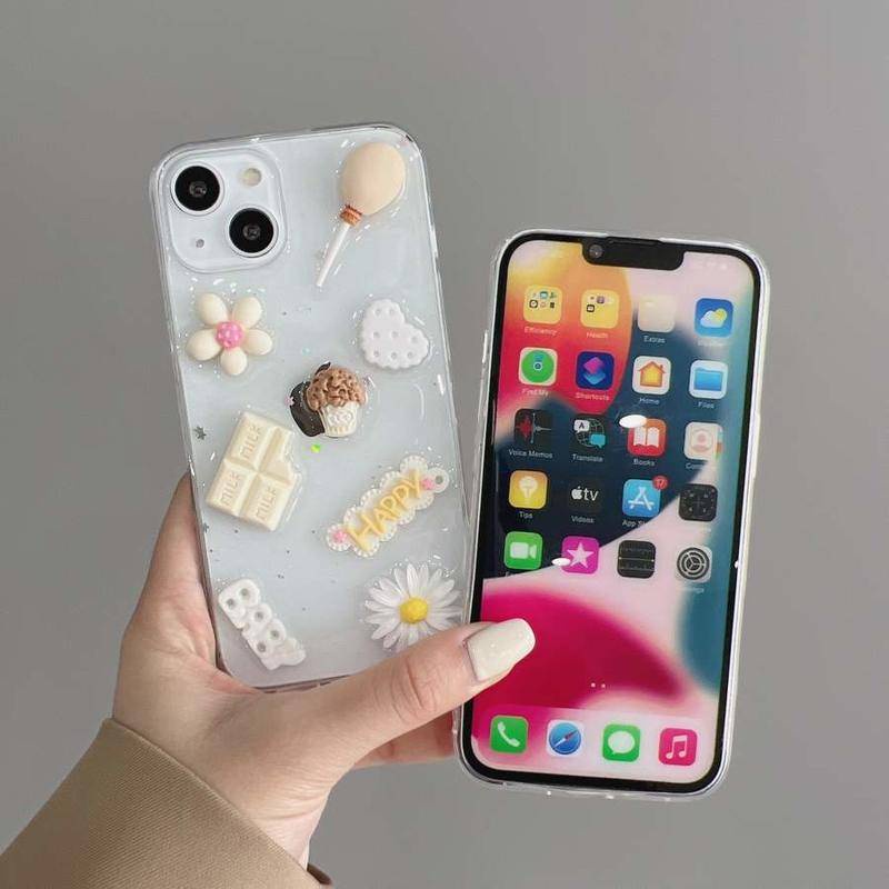 Soft Case Gel Glitter Transparan Desain Makanan Bunga 3D Untuk iPhone 13 12 11 Pro MAX Mini X XS MAX XR SE 2022 2020 7 8 Plus