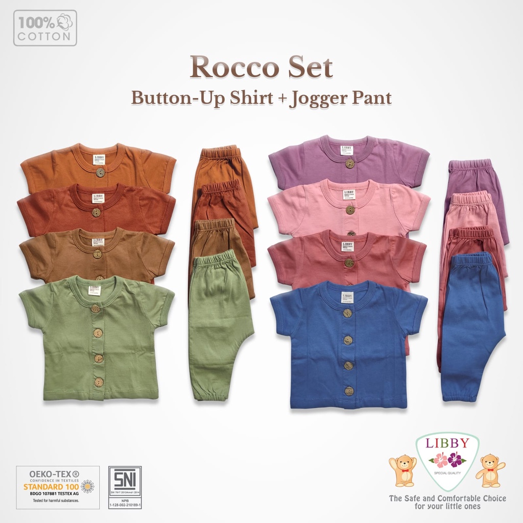 Libby Earth Series Rocco set Button Shirt Jogger Pants Setelan Oblong Pendek Kancing Depan Celana Jogger Baju Bayi Piyama Anak Unisex