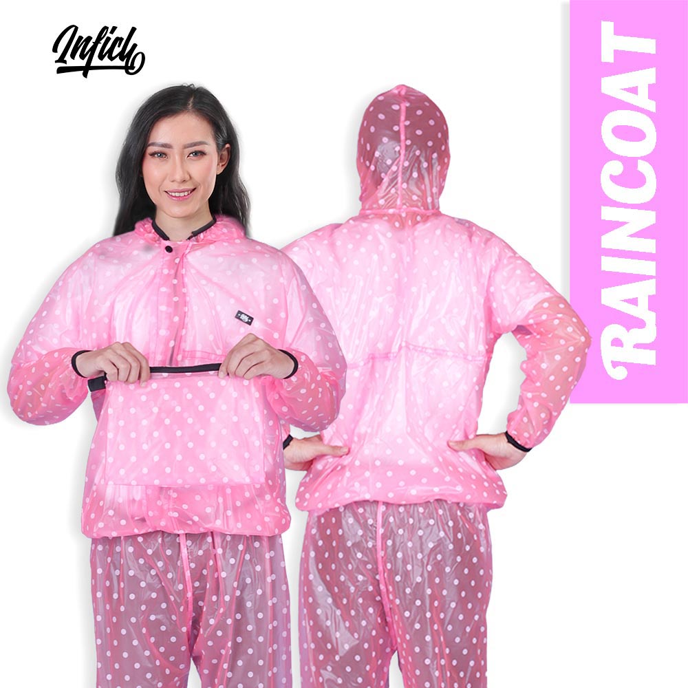 Toko Thabita - Jas Hujan Polkadot Wanita Setelan Jaket Celana Warna Pink