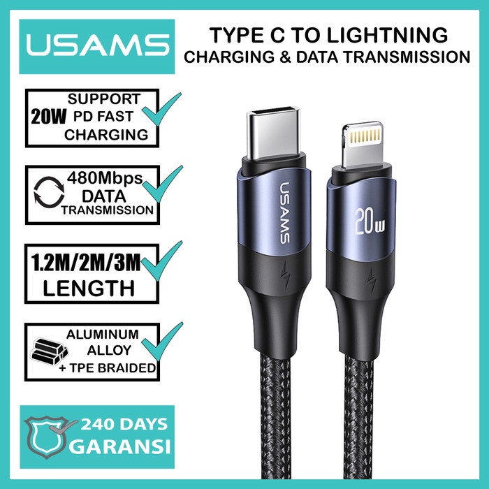USAMS U71 KABEL IPHONE TYPE C TO LIGHTNING FAST CHARGING 20W 2M & 3M