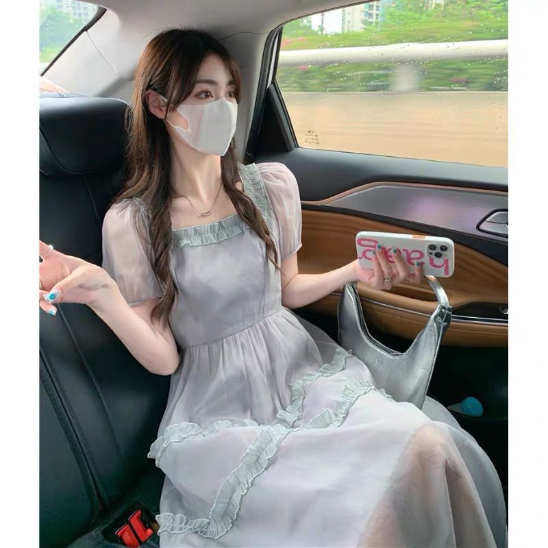 [MikanHiro Store]French puff sleeves square neck dress women's summer new gray high waist cover the flesh in the long section girly
