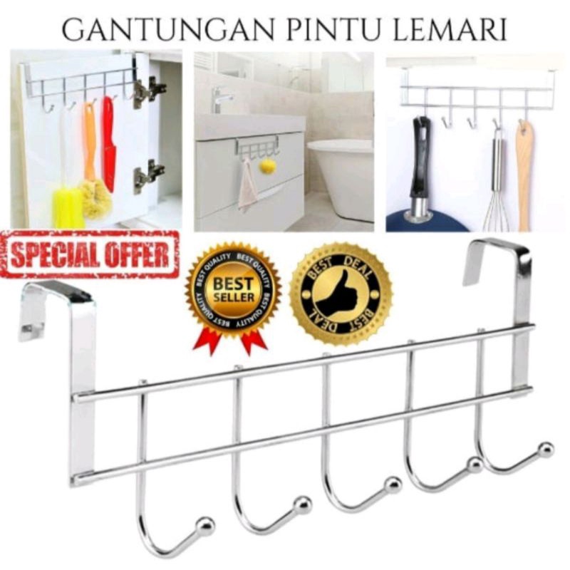 GANTUNGAN STAINLESS PINTU LEMARI 5 KAIT HOOK SERBAGUNA DAPUR DLL