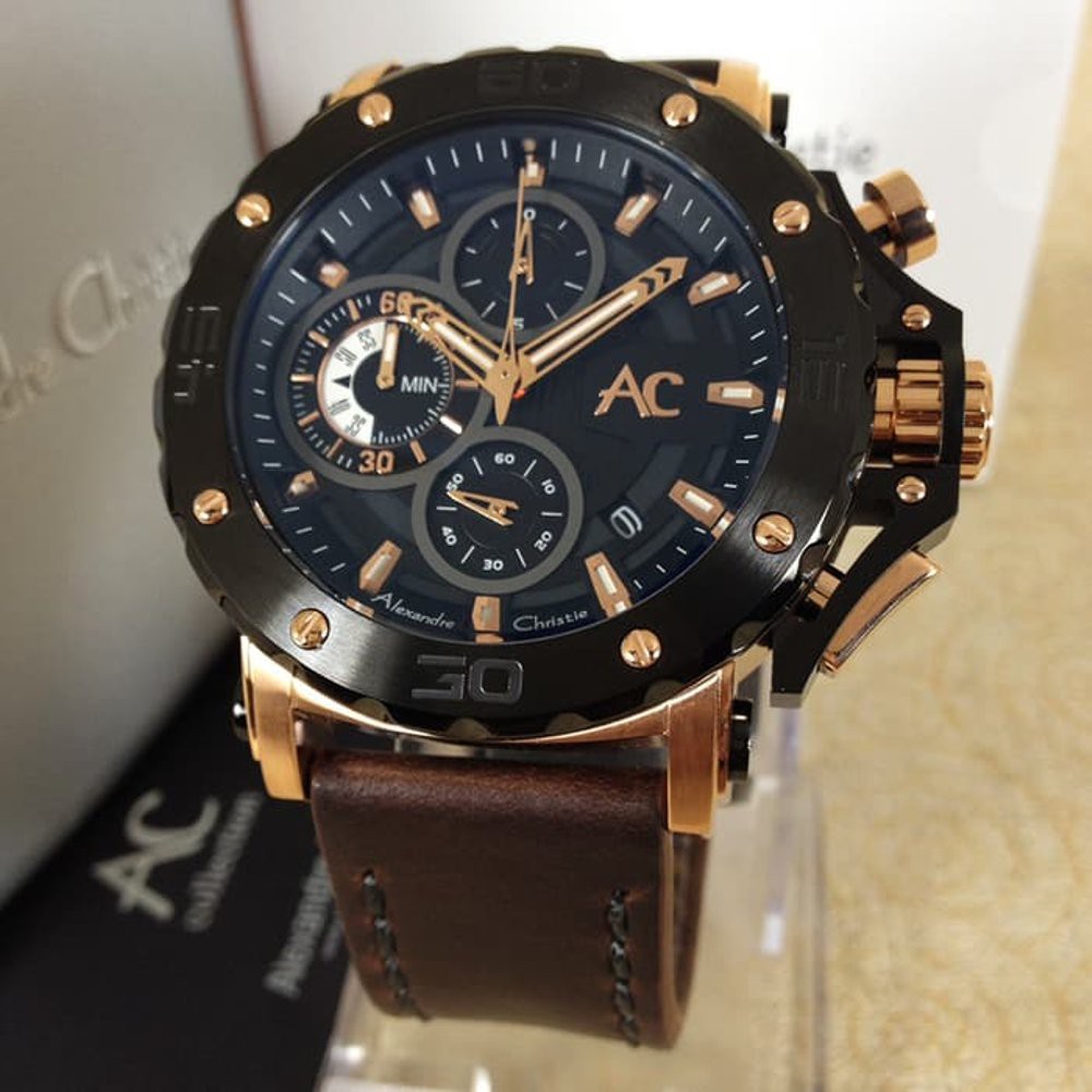 JAM TANGAN ALEXANDRE CHRISTIE AC 9205 COLLECTION PRIA ROSEGOLD BLACK LEATHER BROWN