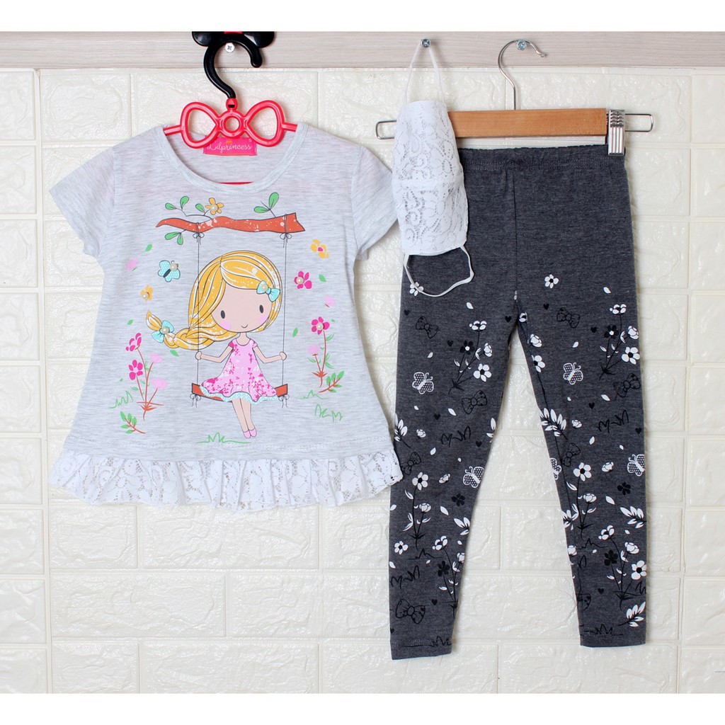 Set girl flow 3in1/Pakaian Anak Perempuan Renda / Baju Dan Celana Legging Murah/Baju Anak Harian