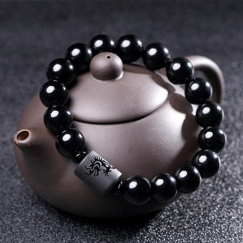 Men Women Natural Black Dragon Pattern Round Frosted Obsidian Beads Bracelet Yoga Jewelry