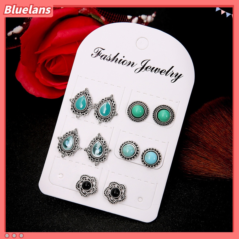 Bluelans 5 Pasang Anting Tusuk Gantung Desain Bunga Hias Turquoise Imitasi Gaya Bohemian Untuk Wanita