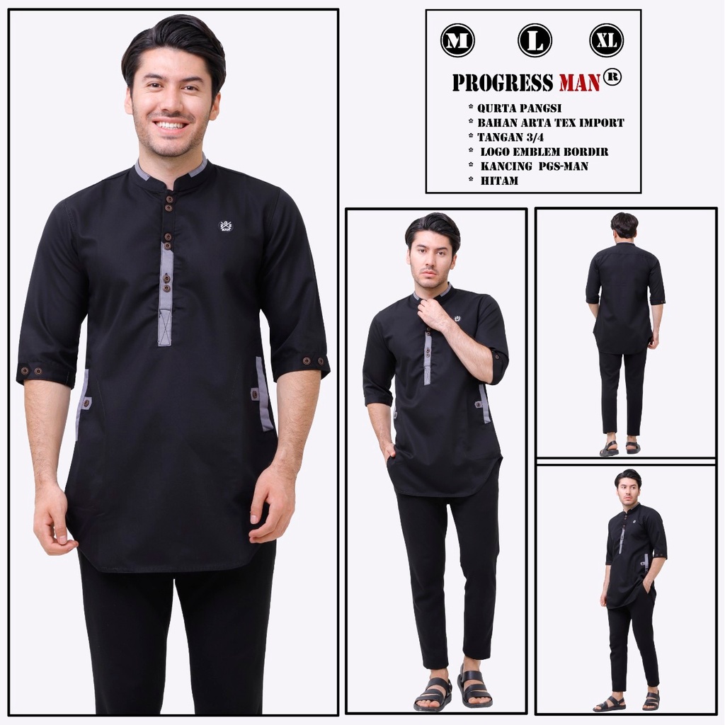 PROGRESS MAN baju koko pria lengan tiga perempat koko kurta pangsi kemeja koko pria lengan tiga perempat koko kurta pangsi baju kurta pangsi dewasa logo bordir Abu Muda P4N9S203