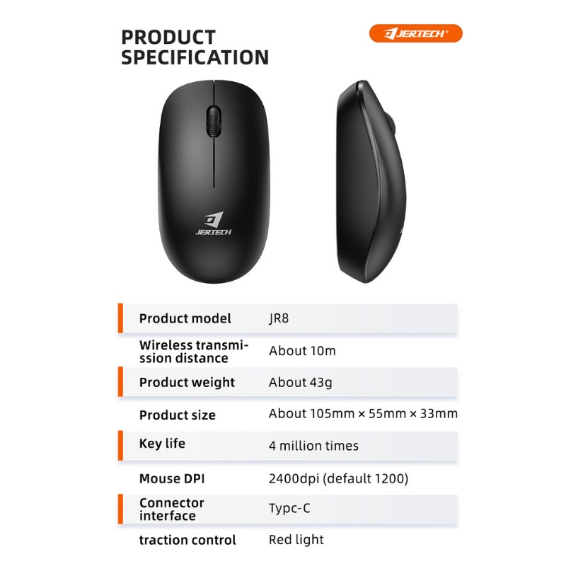 Mouse Wireless Bluetooth JR8 2.4Ghz 800-2400DPI Silent Klik - ACS