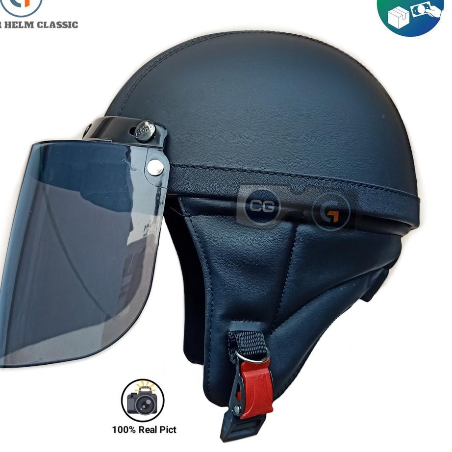 Paylater✅ Helm retro chips HITAM KULIT KOMBINASI KACA DATAR ATAU FLAT/helm bogo chips / helm chip cl