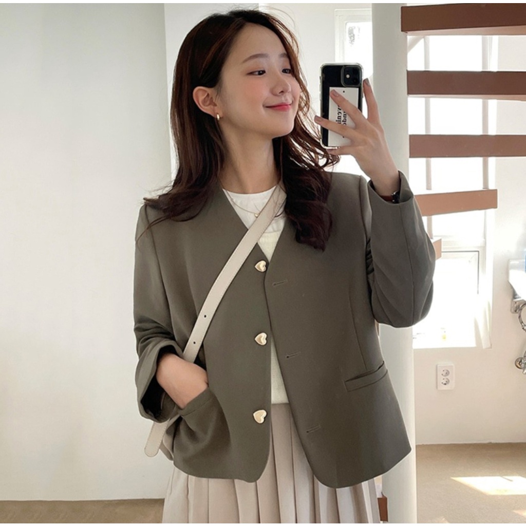 (IC) NONA BLAZER POCKET LOVE BUTTON OUTER WANITA GAYA KOREA