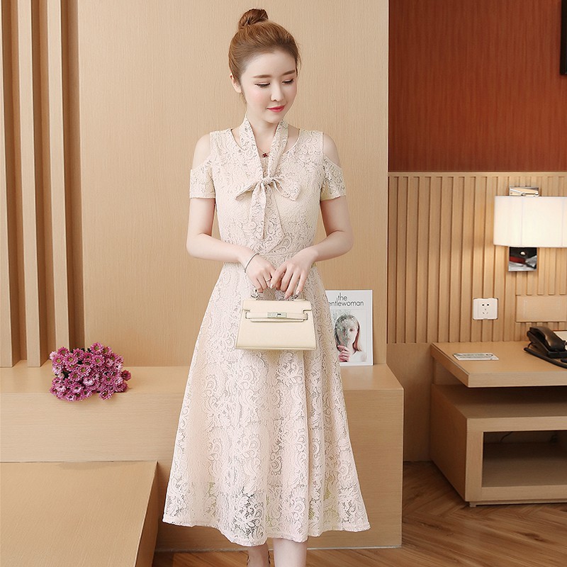 \u2764Dress Midi Model Off Shoulder Gaya Korea Elegan Bahan Lace untuk Wanita / Pesta / Musim Panas