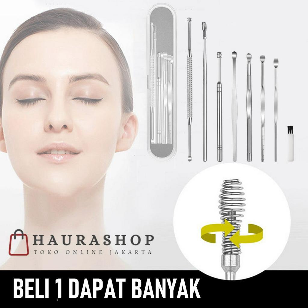 Perawatan Pembersih Telinga Korek Kuping Ear Wax Picker 1 Set 7 PCS Stainless Steel + Kuas