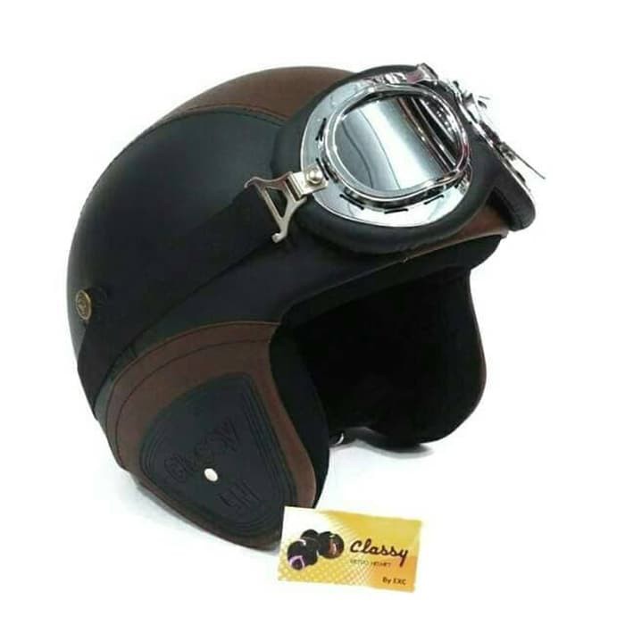 Helm Bogo Retro Kulit Dewasa Hitam Coklat SNI ASLI