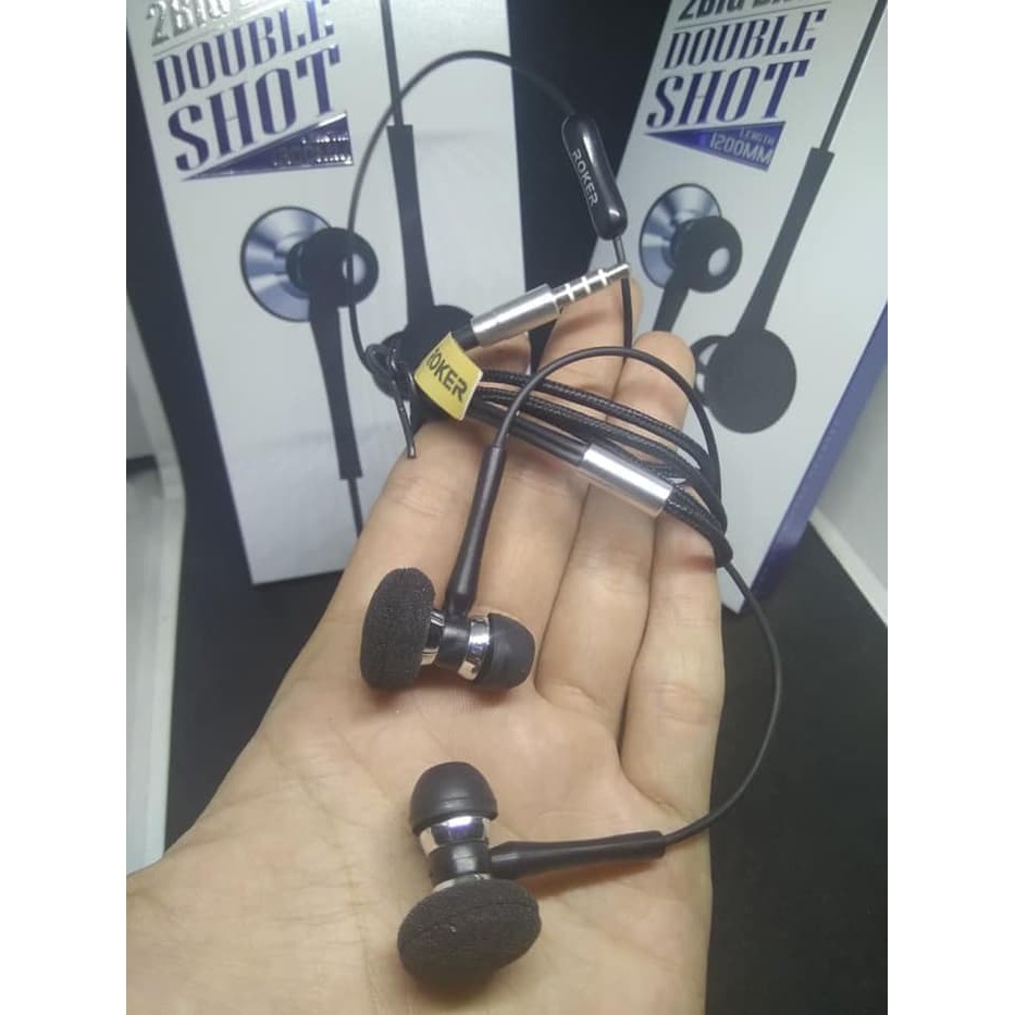 Jual Murah [ROKER DOUBLE SHOT RK33K]Handsfree Headset 2 Big Bass In Ear Earphones Aman