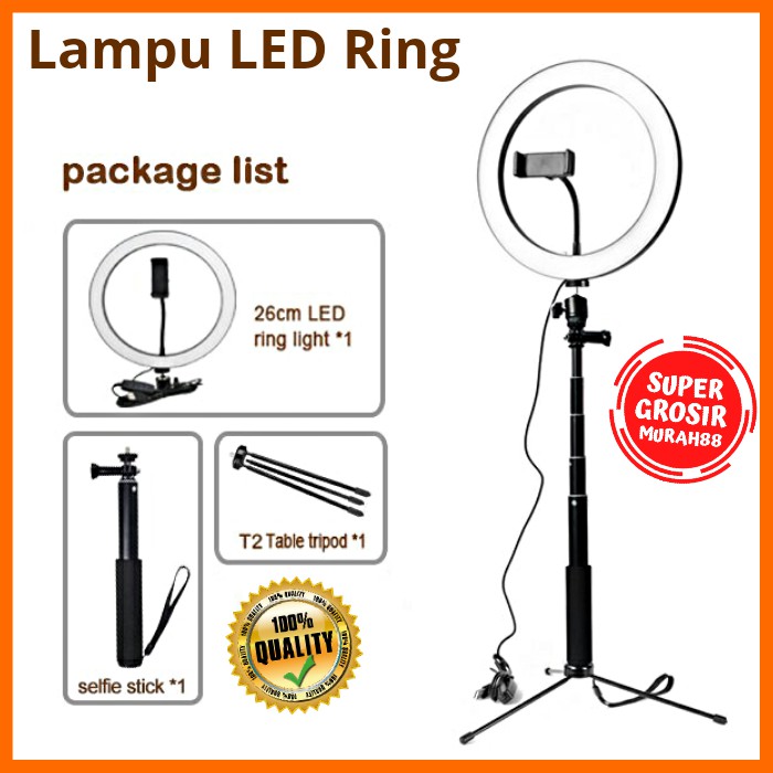 Lampu Ring Light LED Selfie LED 10 Inch 26cm Smartphone Holder + Mini Tripod + Monopod 120cm