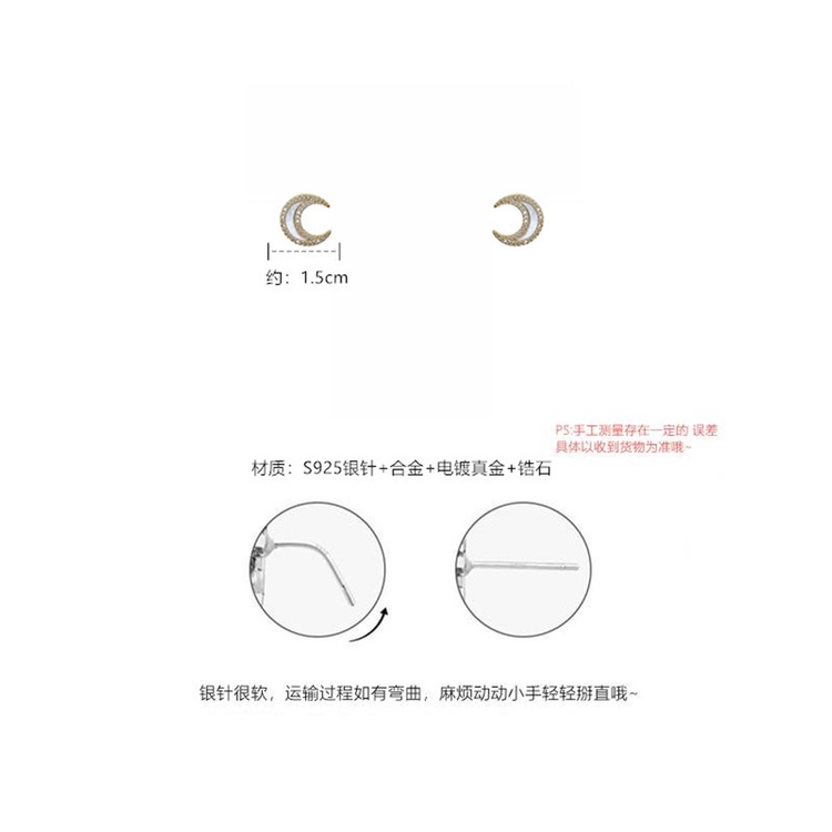 S Perak needle putih cahaya bulan Bulan micro inlay rhinestones stud anting-anting baru mengkilap al