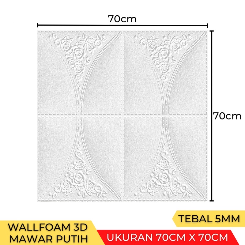 (Tebal 5mm- 6mm) Wallpaper Stiker Dinding 3D Foam Wallfoam Motif Batik Bata 70cm x 77cm-Mawar Putih 5mm