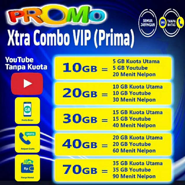 Paket XL Extra Combo VIP dan Lite 6 GB, 10 GB, 11 GB, 20 GB, 30 GB, 40 GB, 70 GB