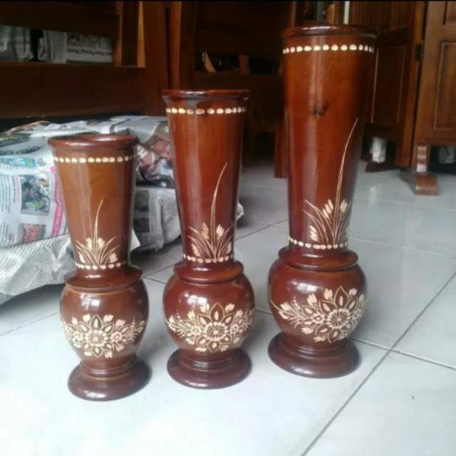 SATU SET VAS BUNGA KAYU JATI CUKIT CEMBUNG MOTIF BUNGA ISI 3 PCS - DEKORASI RUMAH MURAH