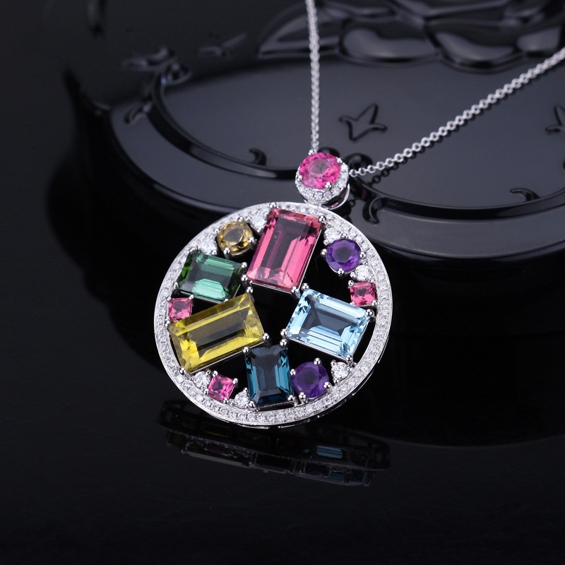 [Ready Stock]Fashion Seven Color Gem round Pendant Necklace