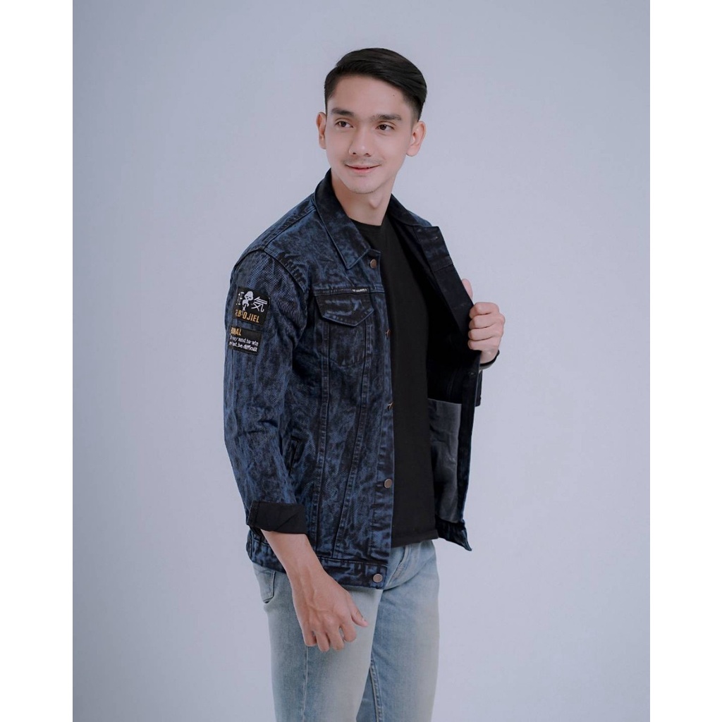 TURUN HARGA ! Jaket Jeans Denim Bordir The Bojiel Pria Jumbo Big Size Cowok Snow Black Sandwash Hitam Oversize Premium Quality