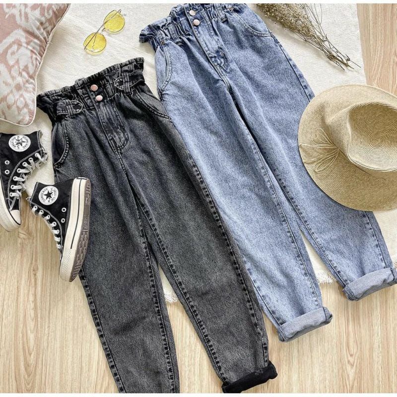 Celana Panjang Jeans Boyfriend High Waist Korean Denim Wanita Kerut K.