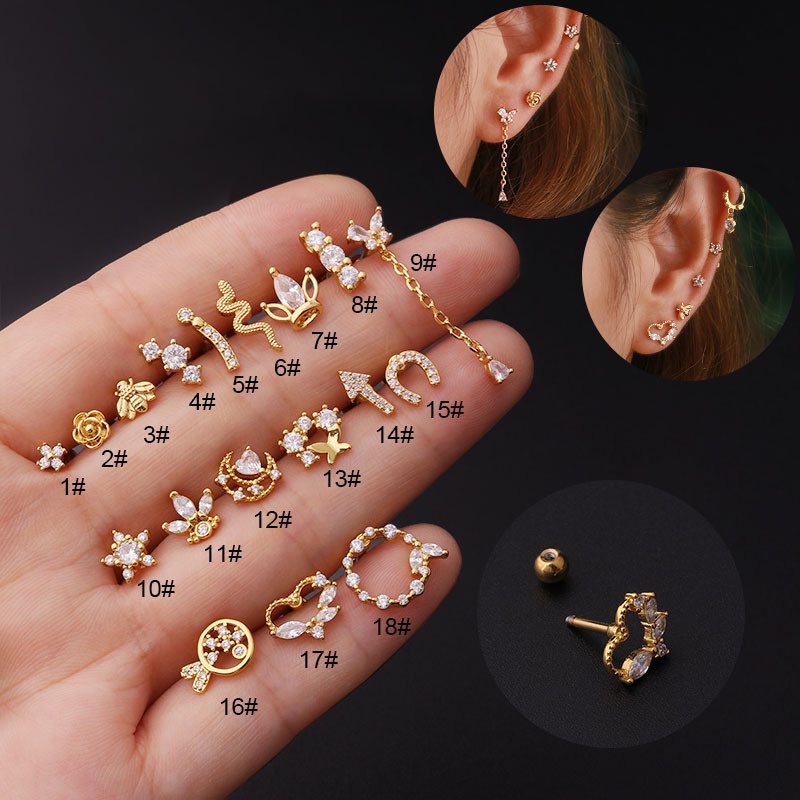 1 Pc Anting Stud Tindik Tulang Rawan Bentuk Bola Sekrup Bahan Zirkon Stainless Steel Gaya Eropa