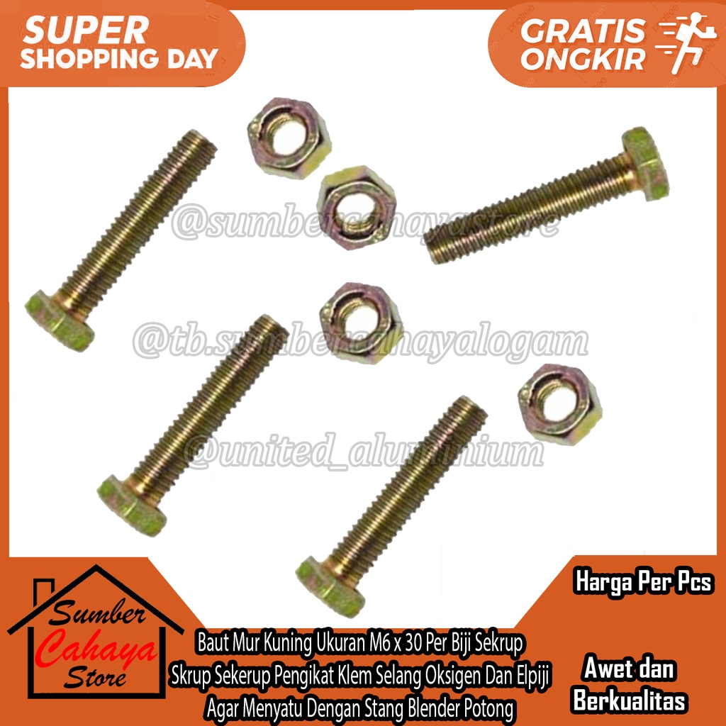 Baut Mur Kuning Ukuran M6 x 30 Hexagon Bolts Nuts Besi Per Biji Sekrup Galvanis Skrup Sekerup Pengik