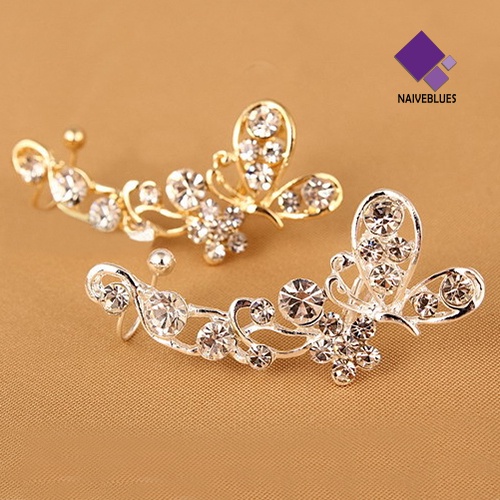 Anting Stud Desain Bunga Butterfly Aksen Kristal Tiruan Gaya Retro Untuk Telinga Kanan