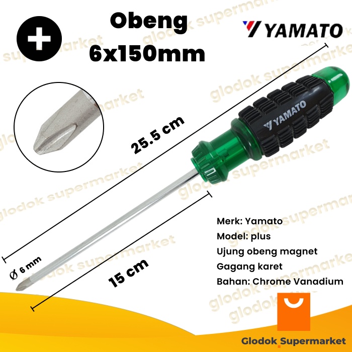 Obeng Plus 6 inch Yamato Diameter 6mm Panjang Besi 15cm Magnet Gagang Karet