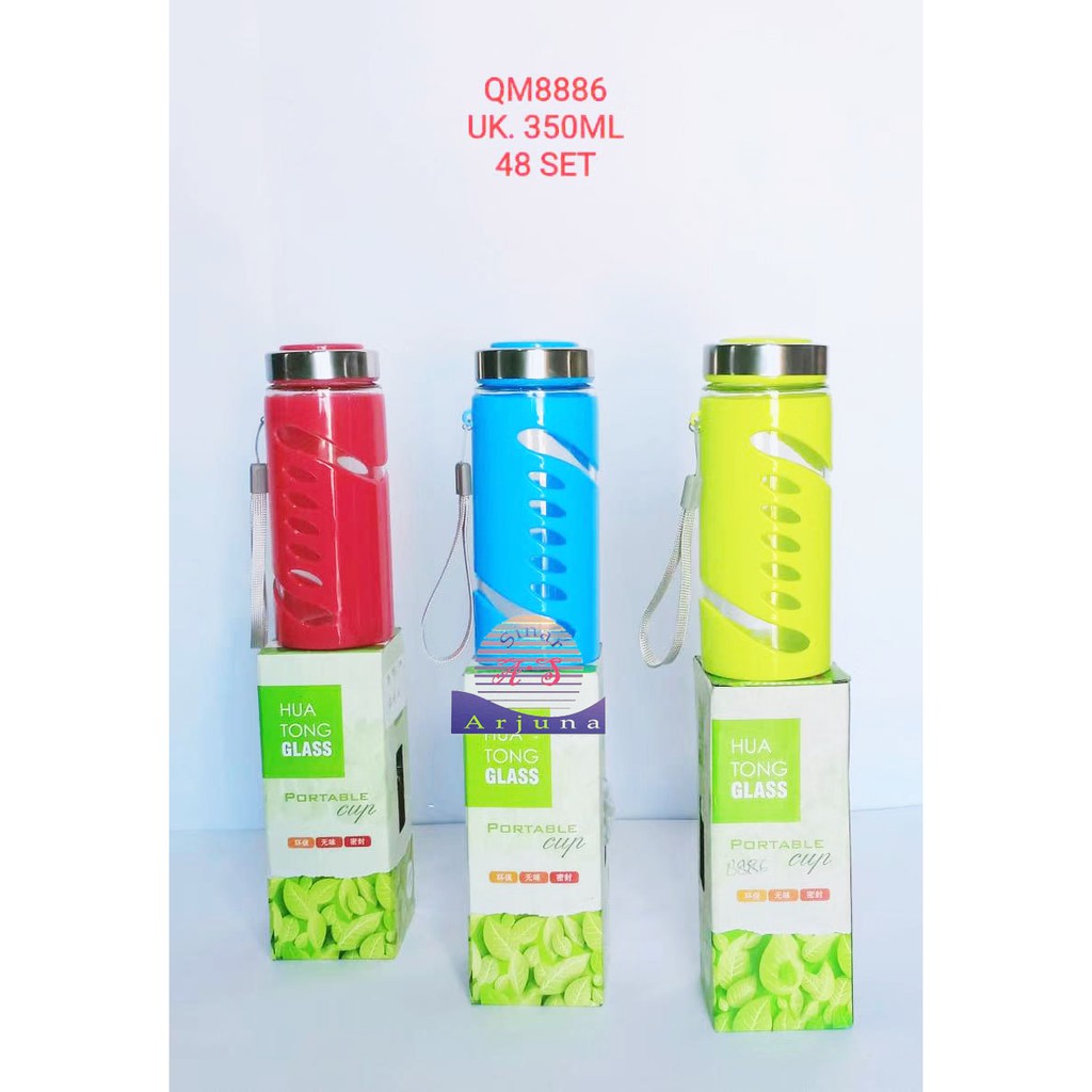 BOTOL MINUM KACA BELING MOTIF COVER PLASTIK BERVARIASI WARNA 350ML