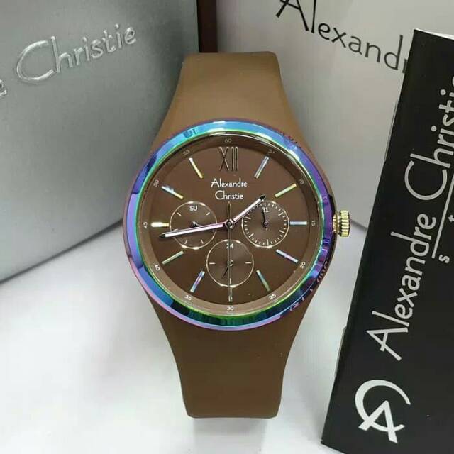 JAM TANGAN WANITA / CEWEK ALEXANDRE CHRISTIE BROWN TALI RUBBER ORIGINAL - COKLAT BIRU AC 2773 KARET