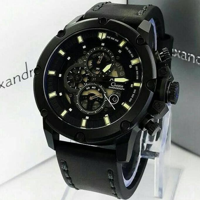 Jam Pria Kantoran Alexandre Christie Ac 6416 Leather Black Full Black Original Tali Kulit