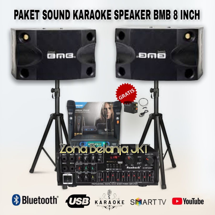 PAKET KARAOKE SOUND SYSTEM BMB SPEAKER 8 INCH AMPLI USB BLUETOOTH MIC WIRELESS ORIGINAL ( BW-1 )